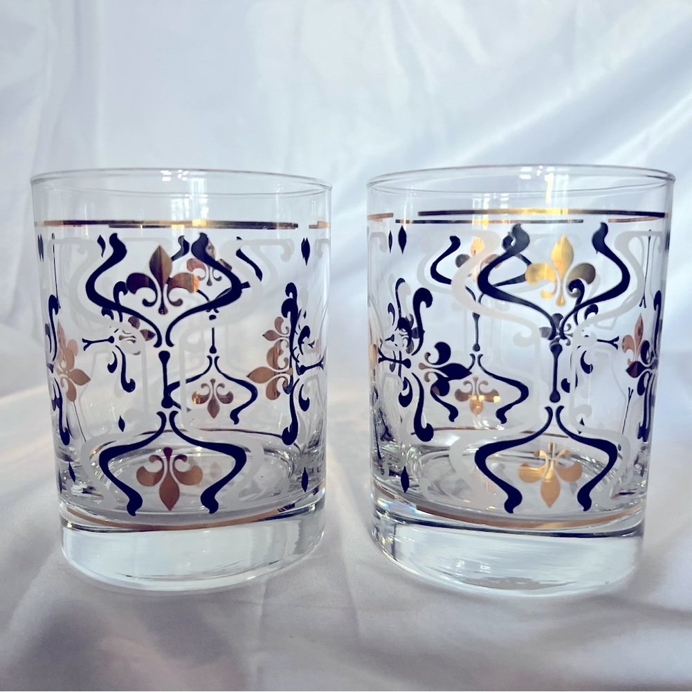 🥃 2 Lowball Rocks Old Fashioned Glasses Black Gold Fleur-de-lis vintage EUC MCM